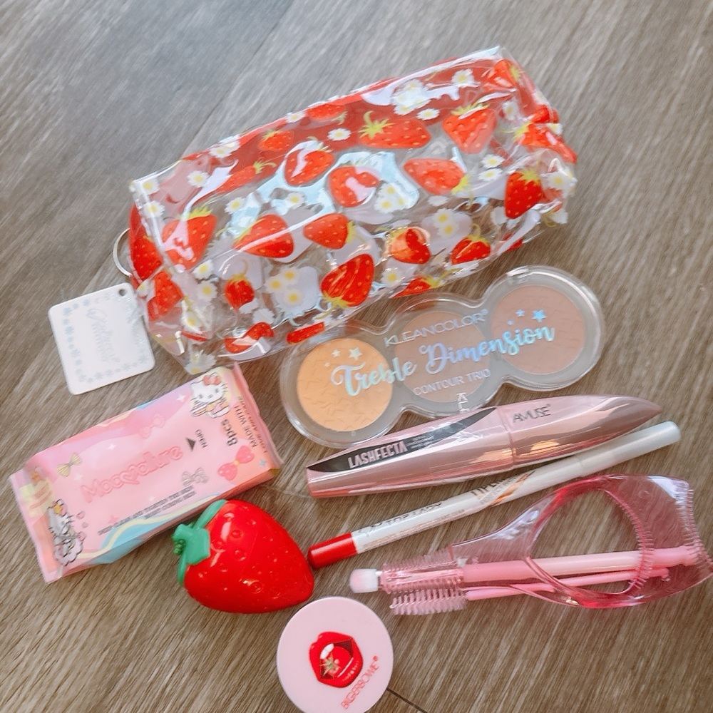 Strawberry Print Cosmetic Bag with Makeup Set